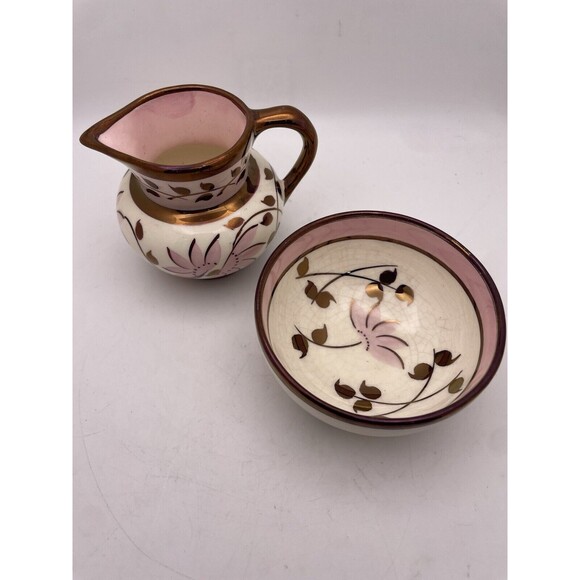 Staffordshire U.K. Pink Copper Luster Small Pitcher Bowl Old Castle Early 1900's - Picture 2 of 7